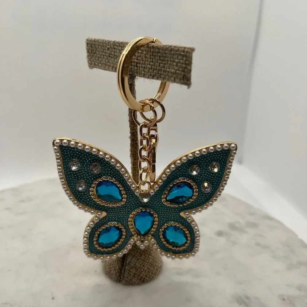 Teal‎ Butterfly Keychain Bag Charm Statement Blue Gold Rhinestone New Accessory